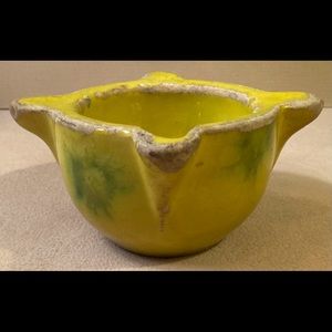 Antique stoneware mortar in brilliant mustard yellow glaze with green splashes